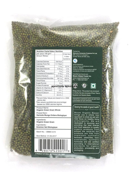 Bloom Organic Bazaar - Mung Whole - 908gm - apniroots Grocery