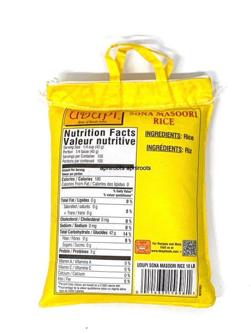 UDUPI SONA MASOORI RICE 10LBS (you will receive Deep brand as Udupi is now Deep) - apniroots Grocery
