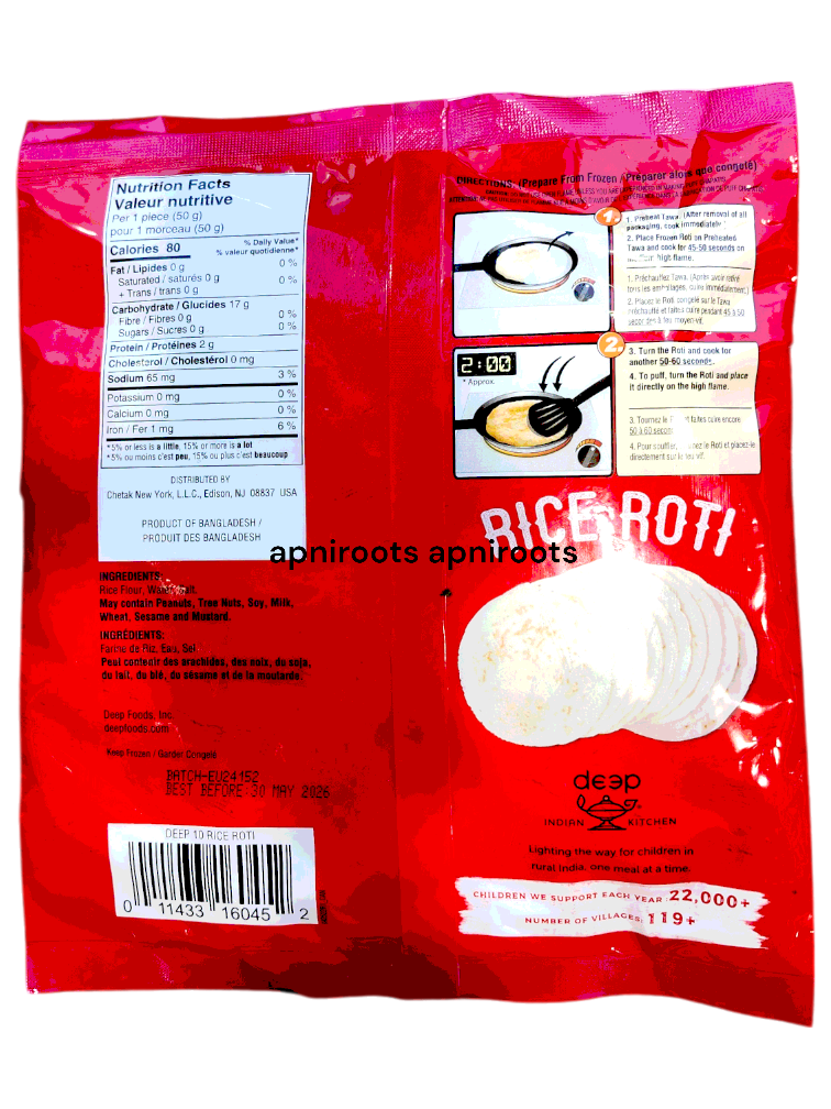 Deep Rice Roti Ingredients DEEP - RICE ROTI - 500GM by at apniroots Indian Grocery Store Online ...